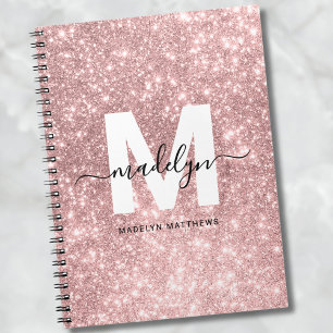 Girly Rose Gold Blush Pink Glitter Monogram Notebook