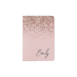 Girly Rose Gold Blush Pink Glitter Monogram Passport Holder