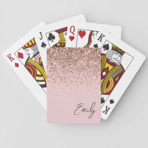 Girly Rose Gold Blush Pink Glitter Monogram Poker Cards