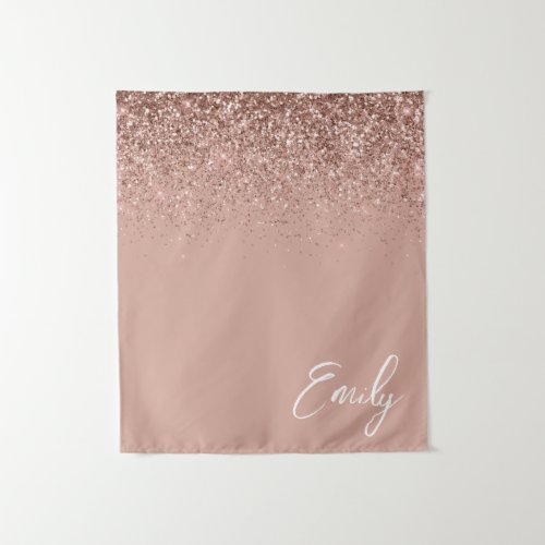 Girly Rose Gold Blush Pink Glitter Monogram Tapestry
