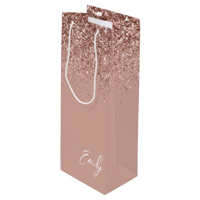 Girly Rose Gold Blush Pink Glitter Monogram Wine Gift Bag (Front Angled)