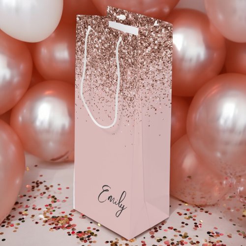 Girly Rose Gold Blush Pink Glitter Monogram Wine Gift Bag