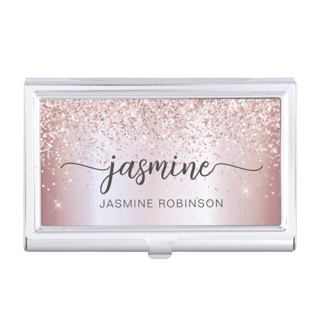 Girly Rose Gold Blush Pink Glitter Name Script Business Card Case (Front)