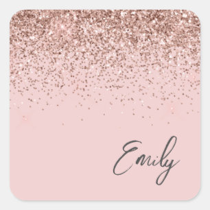 Girly Rose Gold Blush Pink Glitter Name Square Sticker