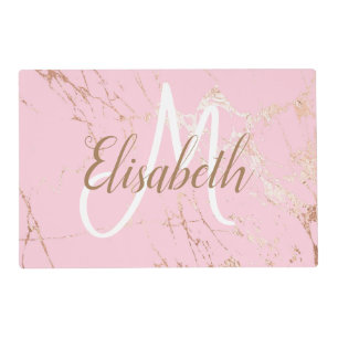 Girly Rose Gold Blush Pink Marble Monogram Placemat