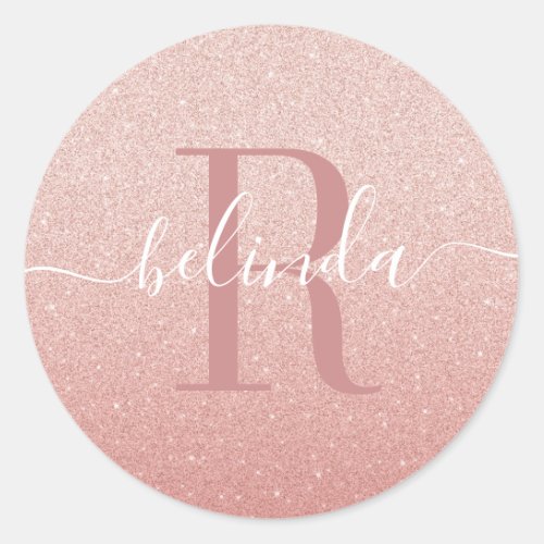 Girly Rose Gold Blush Pink Monogram Name Classic Round Sticker