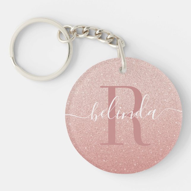 Girly Rose Gold Blush Pink Monogram Name  Keychain (Front)