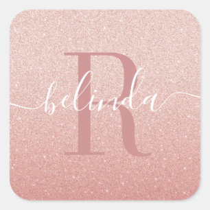 Girly Rose Gold Blush Pink Monogram Name Square St Square Sticker