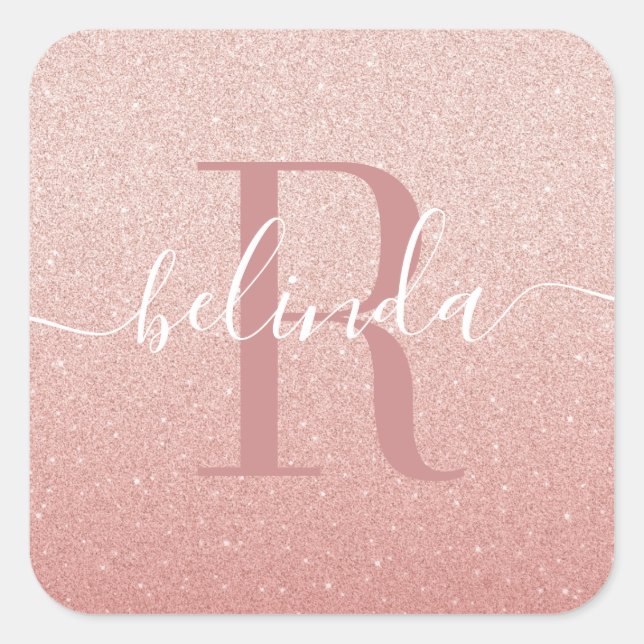 Girly Rose Gold Blush Pink Monogram Name Square St Sticker (Front)