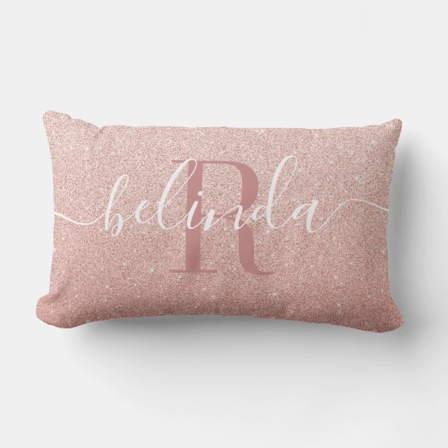Girly Rose Gold Blush Pink Monogram Name Throw Pil Lumbar Pillow (Front)