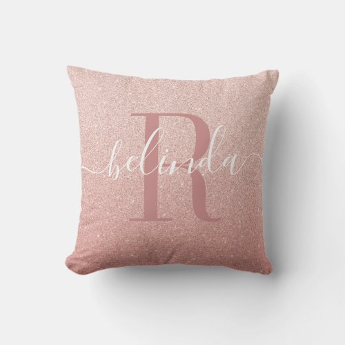 Girly Rose Gold Blush Pink Monogram Name Throw Pillow