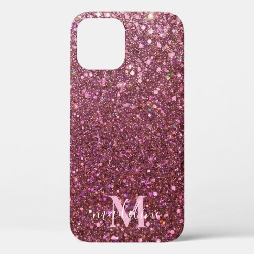 Girly Rose Gold Blush Sparkly Glitter Monogram  iPhone 12 Case