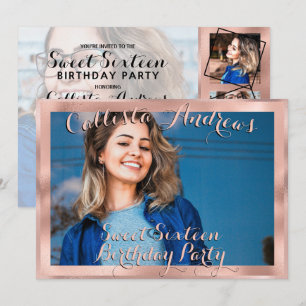 Girly Rose Gold Border Photo Collage Sweet 16 Invitation
