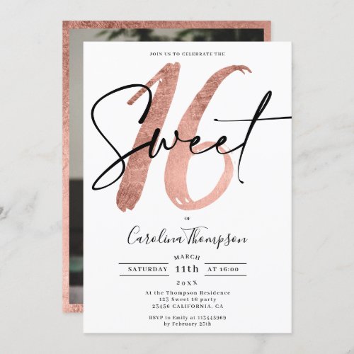 Girly rose gold border script photo Sweet 16 Invitation