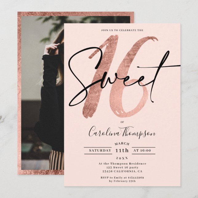Girly rose gold border script photo Sweet 16 pink Invitation (Front/Back)
