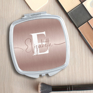 Girly Rose Gold Brushed Metal Elegant Monogrammed Compact Mirror
