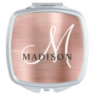 Girly Rose Gold Brushed Metal Monogram Script Compact Mirror