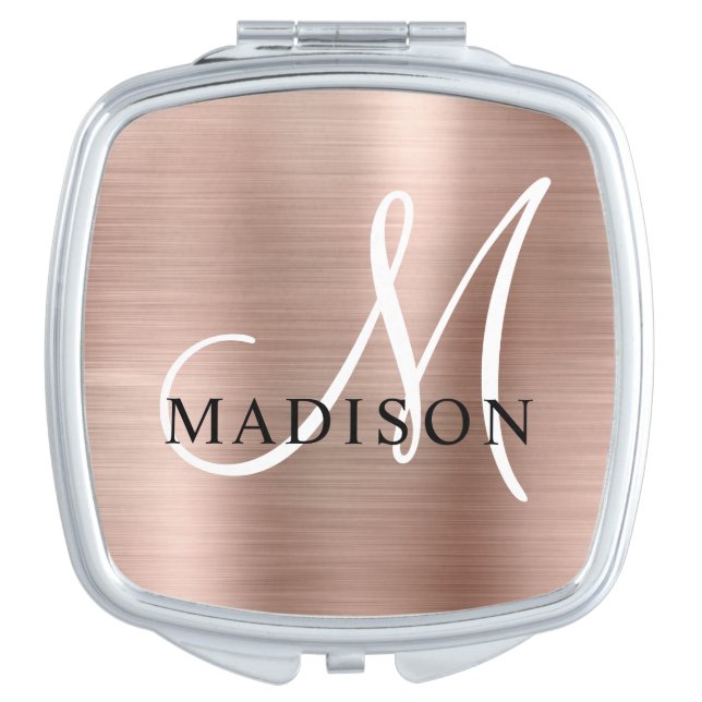 Girly Rose Gold Brushed Metal Monogram Script Compact Mirror (Front)