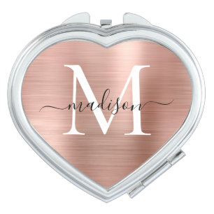 Girly Rose Gold Brushed Metal Monogram Script Compact Mirror