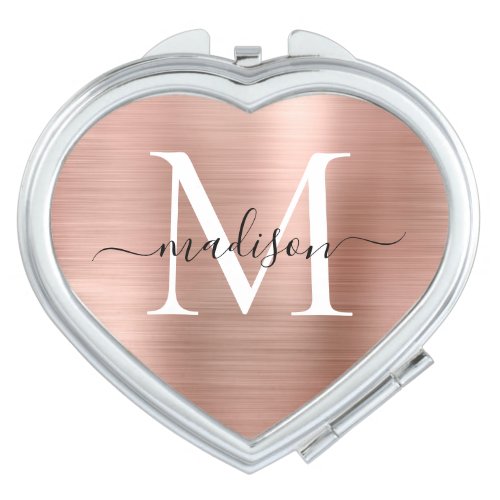 Girly Rose Gold Brushed Metal Monogram Script Compact Mirror