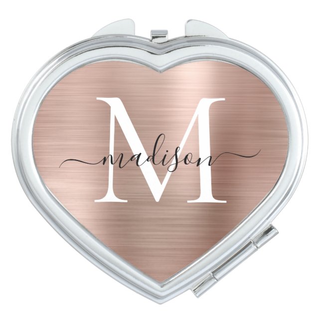 Girly Rose Gold Brushed Metal Monogram Script Compact Mirror (Front)