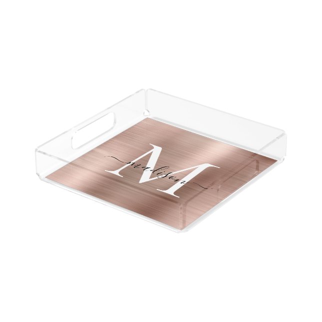 Girly Rose Gold Brushed Metal Monogram Script Name Acrylic Tray (Angled)