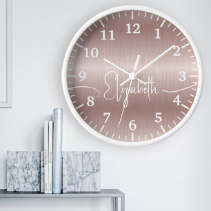 Girly Rose Gold Brushed Metal White Monogram Name Clock