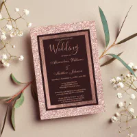 Rose Gold Glittery Wedding Invite with Floral Insert and Burgundy Ribb –  Charm Invites