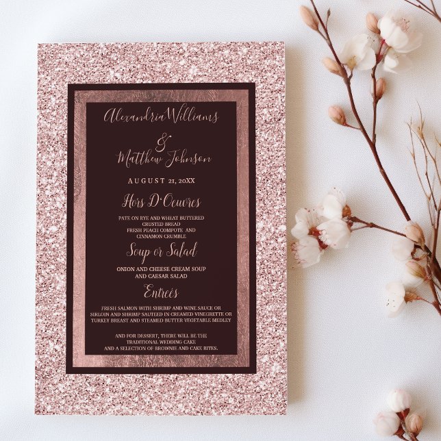 Girly rose gold burgundy glitter Wedding Menu (Girly rose gold burgundy glitter Wedding Menu)
