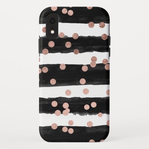 Girly rose gold confetti black watercolor stripes iPhone XR case