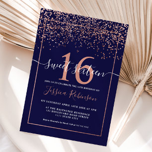 Girly rose gold confetti navy blue chic Sweet 16 Invitation