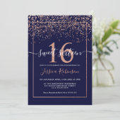 Girly rose gold confetti navy blue chic Sweet 16 Invitation (Standing Front)