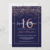 Girly rose gold confetti navy blue chic Sweet 16 Invitation (Front)