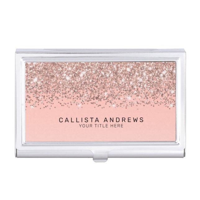 Girly Rose Gold Confetti Pink Gradient Monogram Business Card Case (Front)