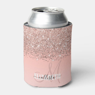 Girly Rose Gold Confetti Pink Gradient Monogram Can Cooler