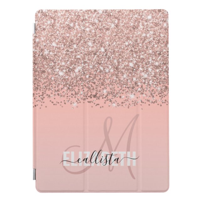 Girly Rose Gold Confetti Pink Gradient Monogram iPad Pro Cover (Front)