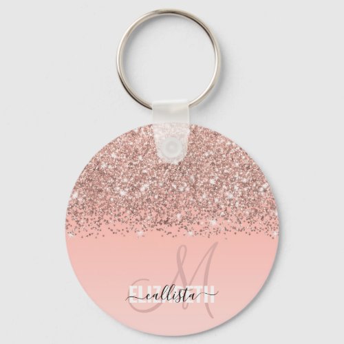 Girly Rose Gold Confetti Pink Gradient Monogram Keychain