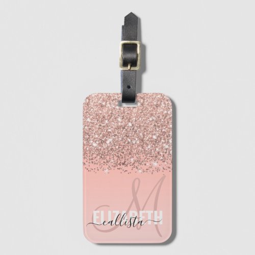 Girly Rose Gold Confetti Pink Gradient Monogram Luggage Tag