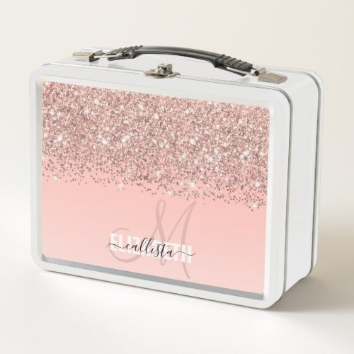 Girly Rose Gold Confetti Pink Gradient Monogram Metal Lunch Box