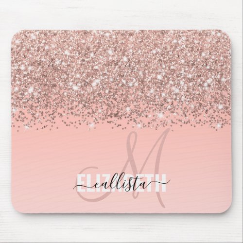 Girly Rose Gold Confetti Pink Gradient Monogram Mouse Pad