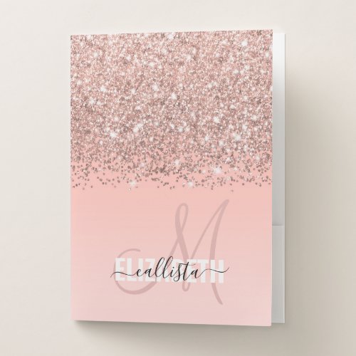 Girly Rose Gold Confetti Pink Gradient Monogram Pocket Folder