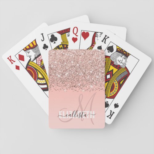 Girly Rose Gold Confetti Pink Gradient Monogram Poker Cards
