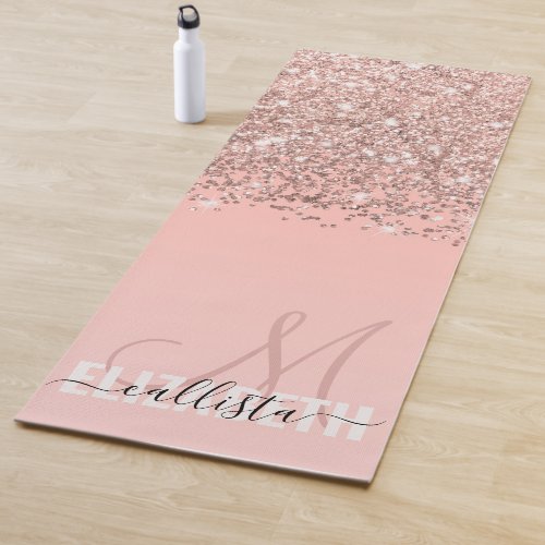 Girly Rose Gold Confetti Pink Gradient Monogram Yoga Mat