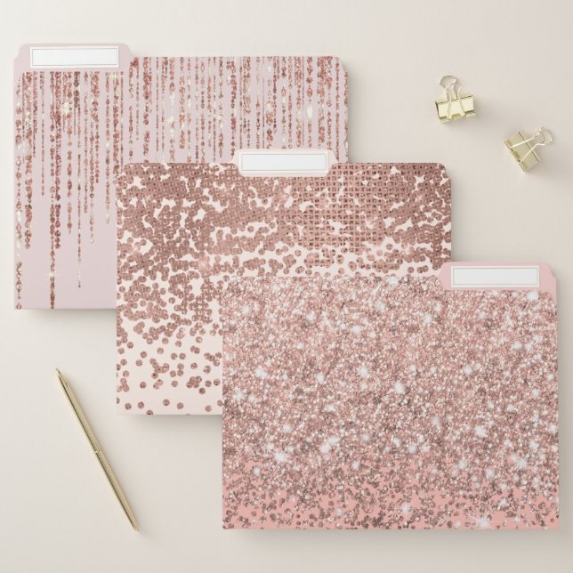 Girly Rose Gold Confetti Pink Gradient Ombre File Folder (Set)