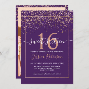 Girly rose gold confetti purple chic Sweet 16 Invitation