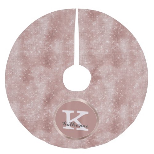 Girly Rose Gold Cute Diamond Sparkle Monogram Name Brushed Polyester Tree Skirt