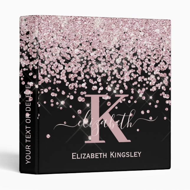 Girly Rose Gold Diamond Glam Glitter Monogrammed 3 Ring Binder (Front/Spine)