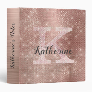 Girly Rose Gold Diamond Glam Sparkle Monogram Name 3 Ring Binder