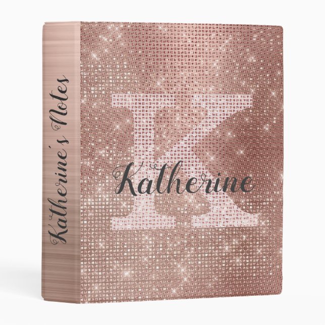 Girly Rose Gold Diamond Glam Sparkle Monogram Name Mini Binder (Front/Spine)