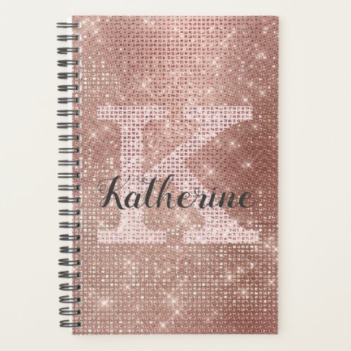 Girly Rose Gold Diamond Glam Sparkle Monogram Name Planner